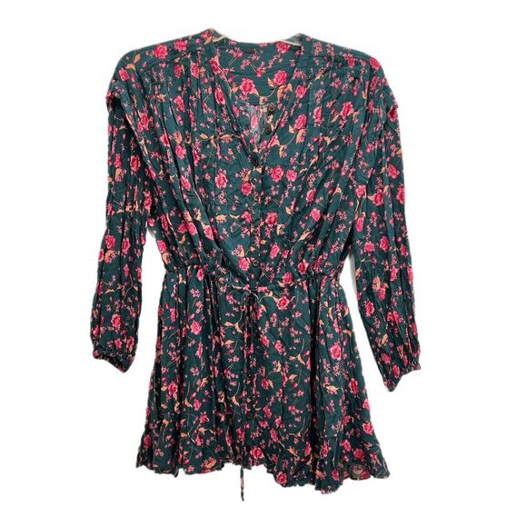 Free People Flower Fields Mini Dress Emerald Green Floral Long Sleeve Size S - Picture 3 of 16